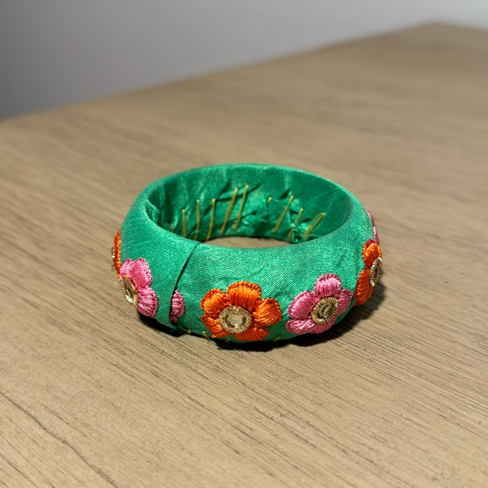Floral Bangle Bracelet, Satin Covered, Small, Teal, Child, Retro, Boho